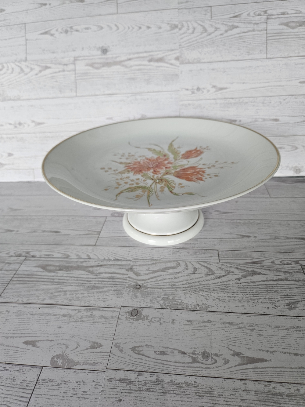 Vintage Porcelain Pedestal Cake Stand with Pink Floral Design and Gold Trim